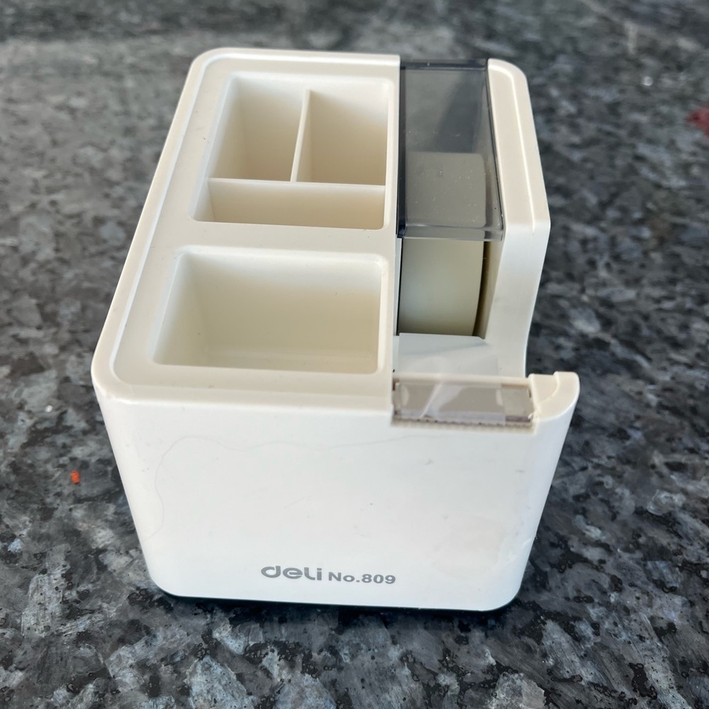 Deli W809 4 Compartment Multifunctional Mini Desk Organizer Tape Dispenser White